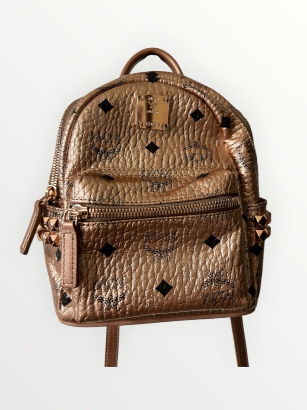 MCM Metallic Rose Gold Logo-Print Mini Backpack